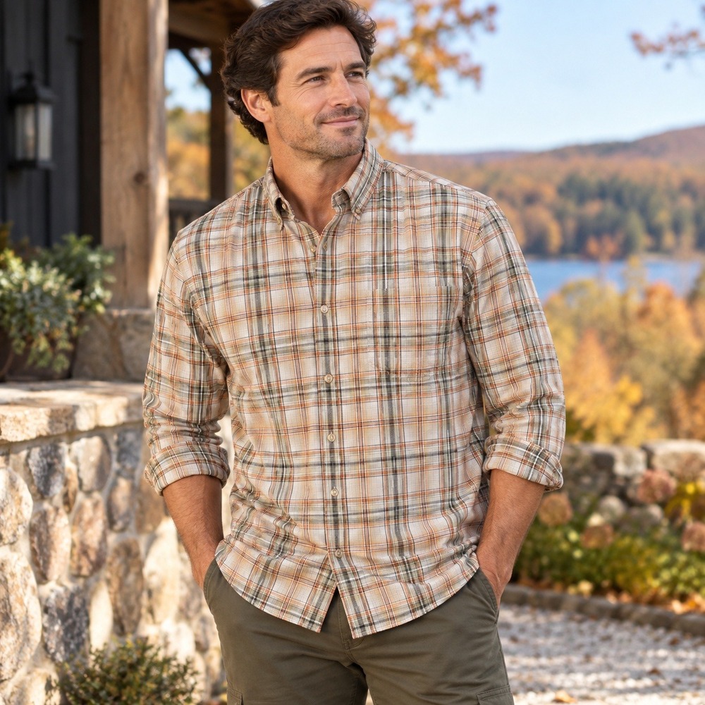 Orvis Vintage Signature Collection Button Down Shirt Plaid Tan Orange Men's L